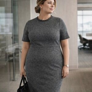 Ann Taylor Gray Stretch Tweed Sheath Dress Ruffle Neck Office Workwear | Size 18